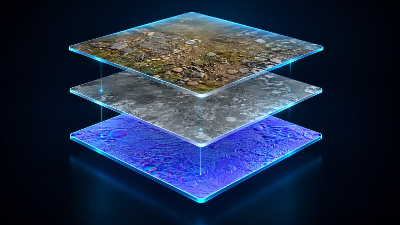 An abstract stack of three PBR texture map tiles floating above a dark surface, a color albedo map, a grey roughness map, and a blue purple normal map