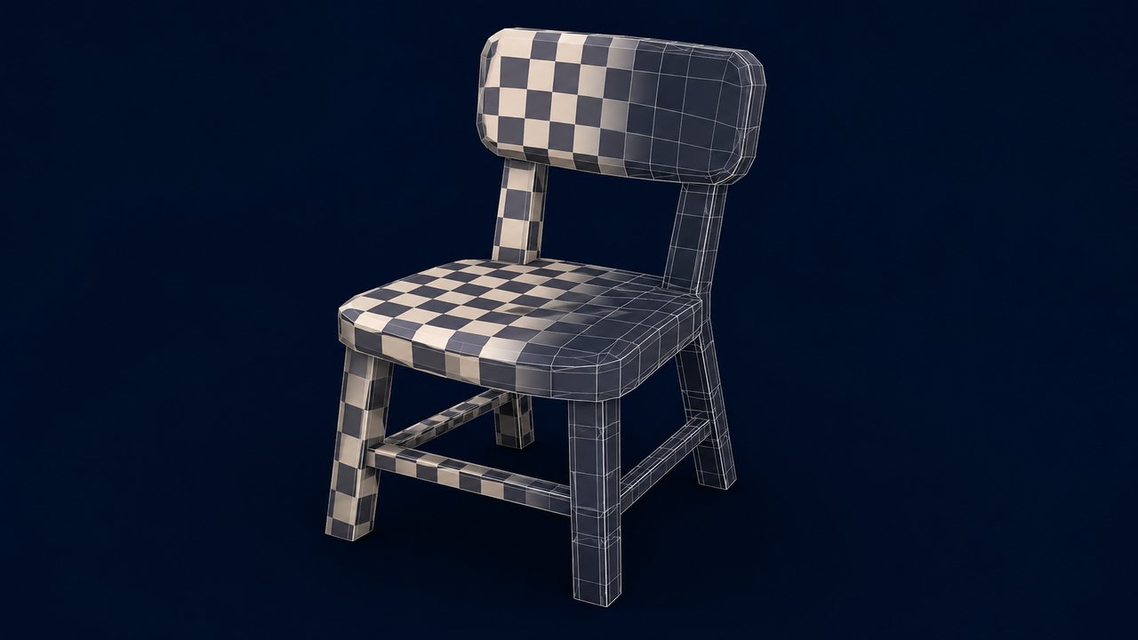 A low poly chair model covered in a checkerboard texture showing slight UV distortion on the curved surfaces
