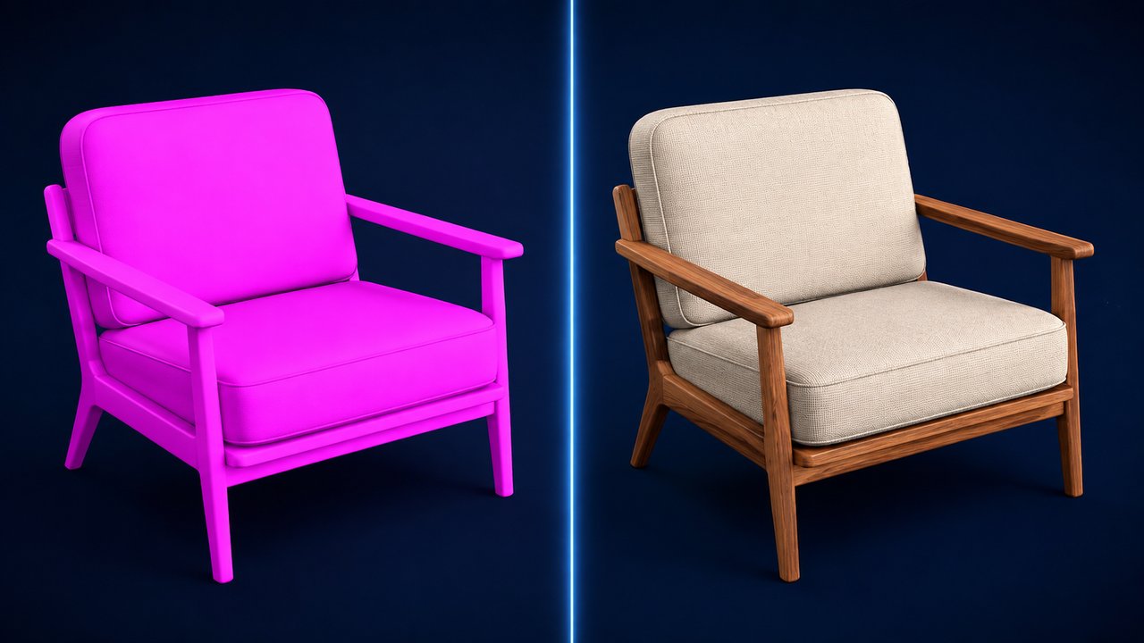 A side by side comparison of a 3D model with a pink missing texture on the left and the same model with a correctly applied wood texture on the right