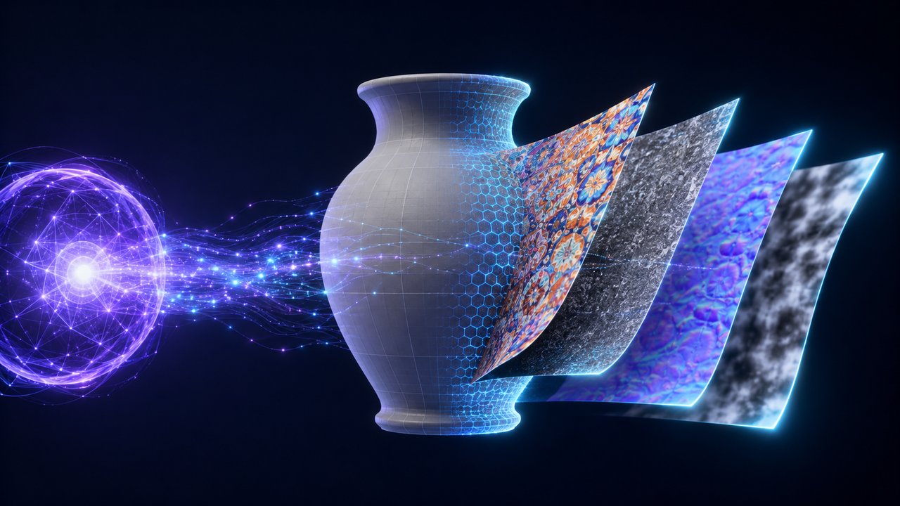 A grey untextured 3D vase model with light particles flowing onto it and colorful PBR texture layers peeling away from its surface