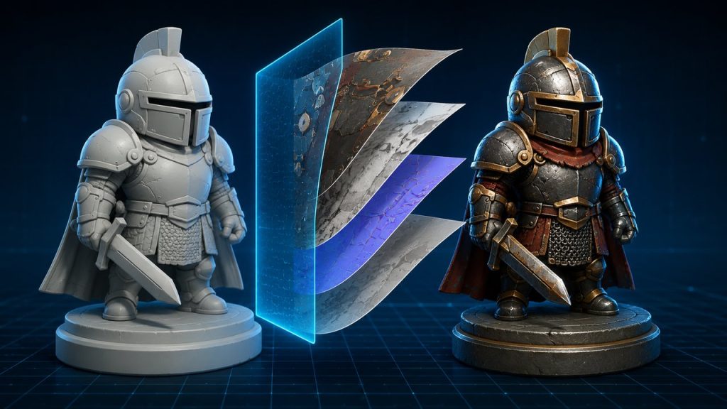 A grey 3D model on the left with a rich textured and colored version of the same model on the right, showing how to add texture in Blender with PBR material layers peeling off the surface