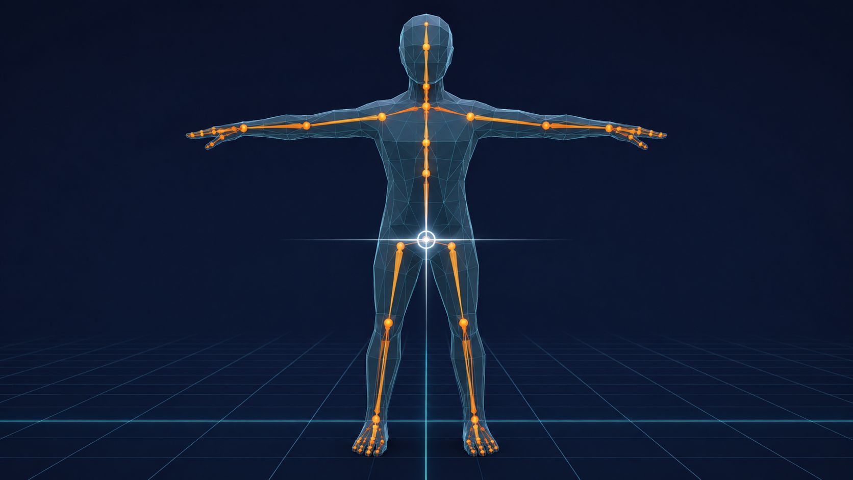 A T-pose character model with an armature skeleton placed inside, centered at the world origin in Blender