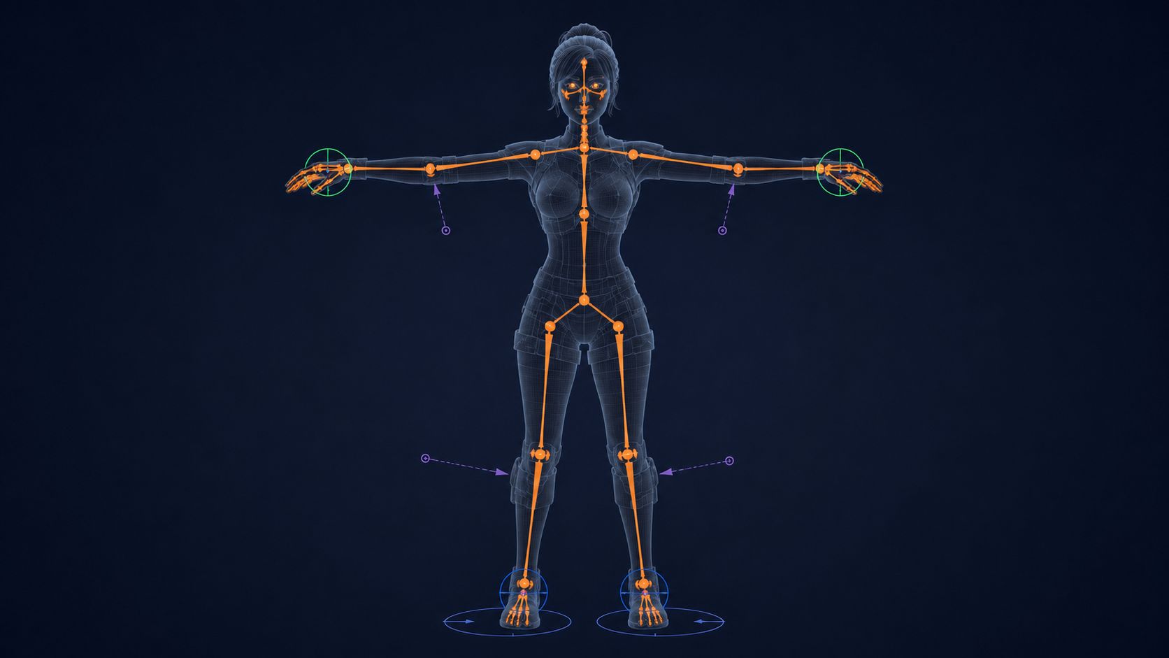A Rigify metarig aligned to a humanoid character with IK control handles for arms and legs