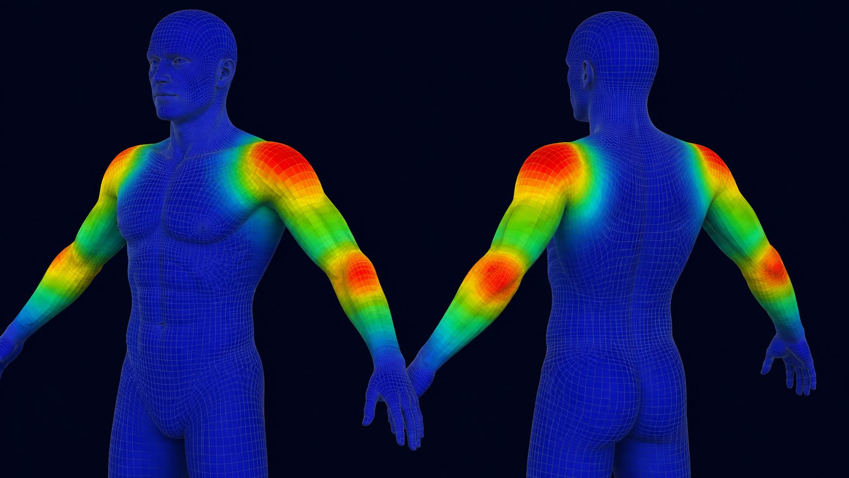 Blender Weight Paint mode showing red and blue bone influence gradients across a character model at the joints
