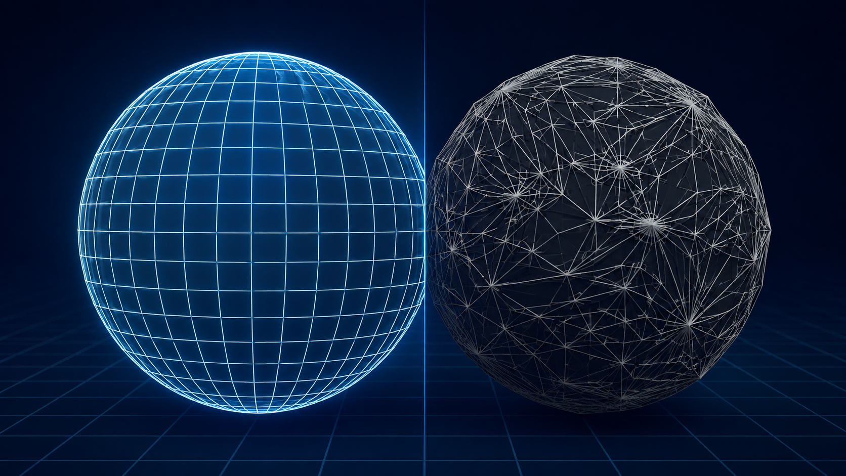 Side by side illustration of clean production-ready mesh topology versus messy fused topology from AI 3D generation