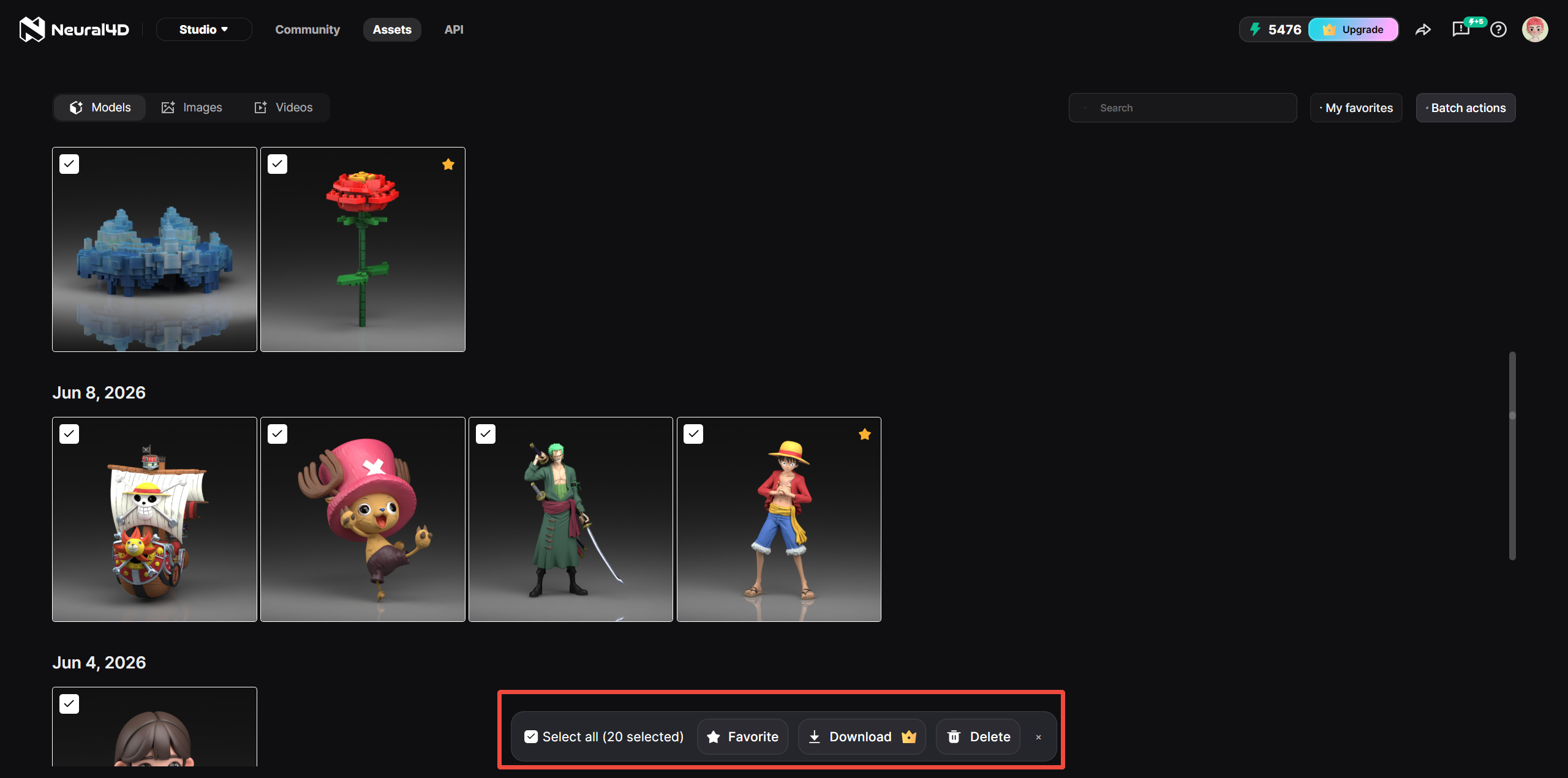 Screenshot of Batch Actions in the Neural4D Assets Library with assets multi-selected