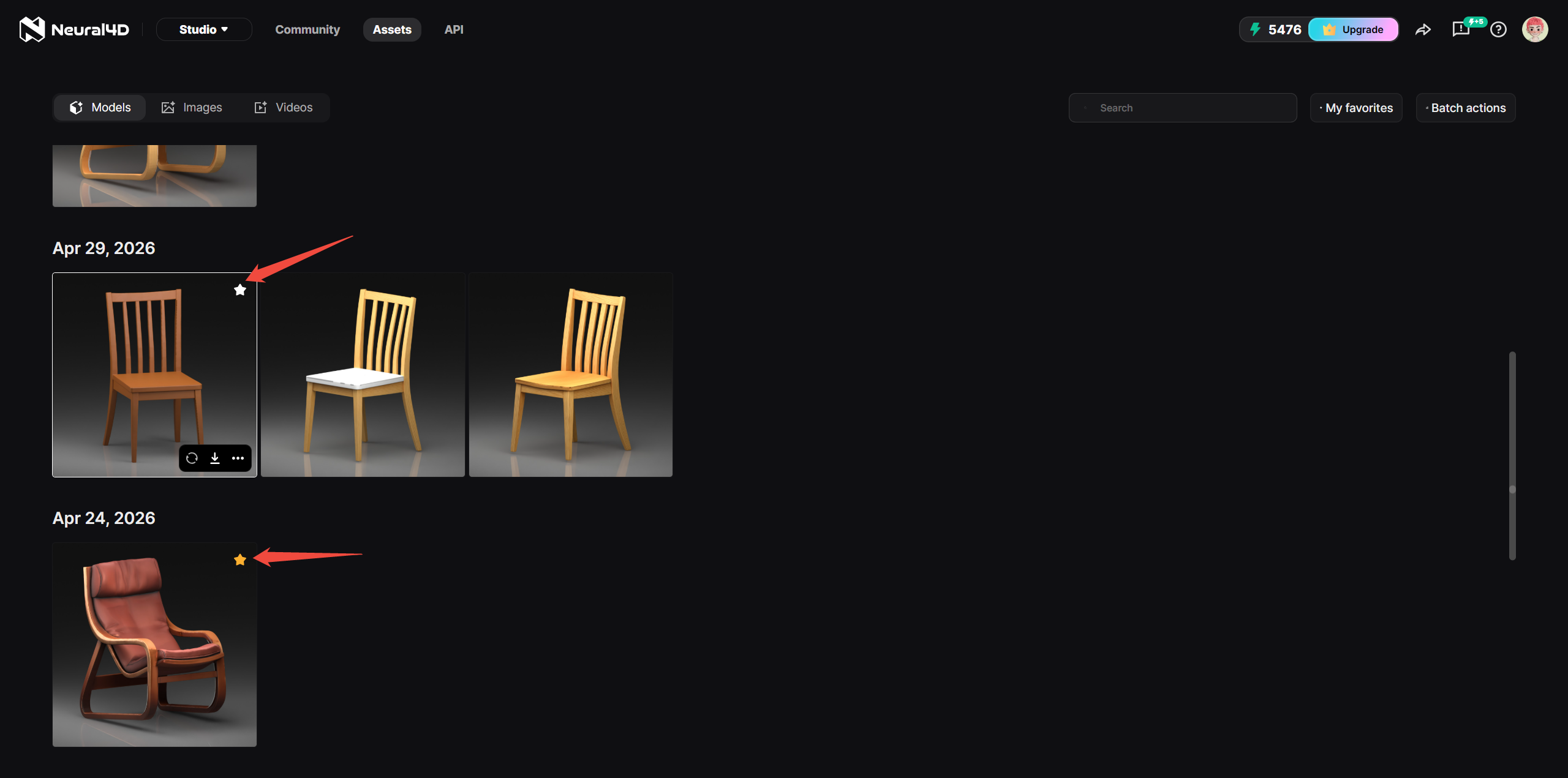 Screenshot of My Favorites in the Neural4D Assets Library with heart-icon favoriting