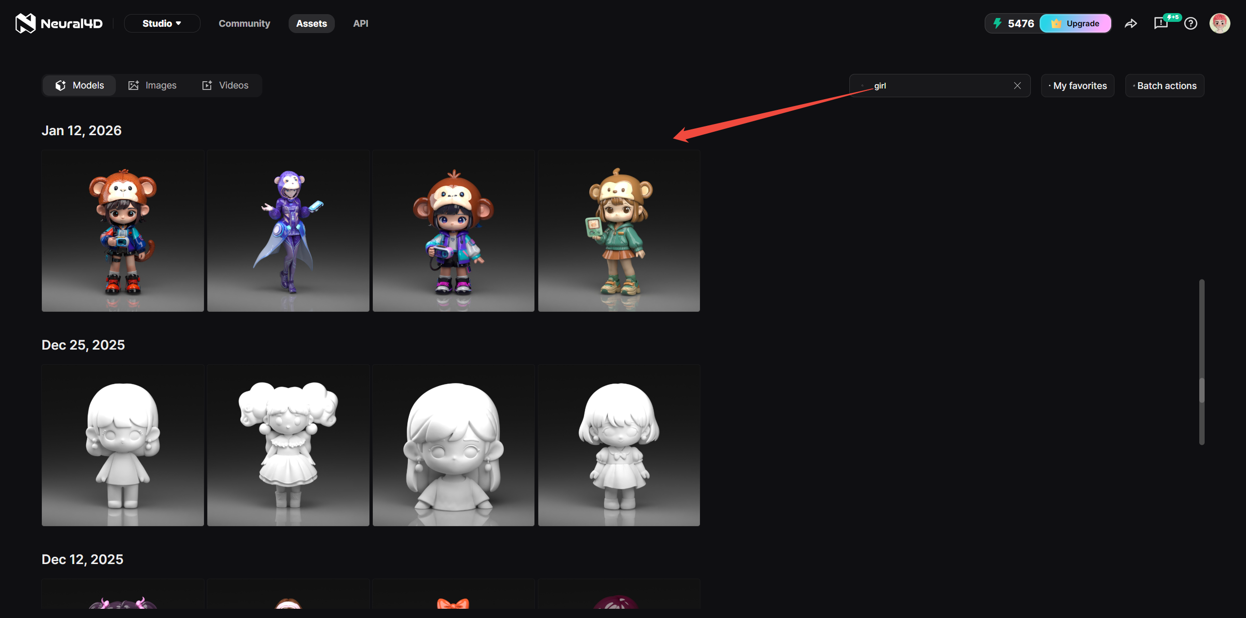 Screenshot of Search within a type tab of the Neural4D Assets Library