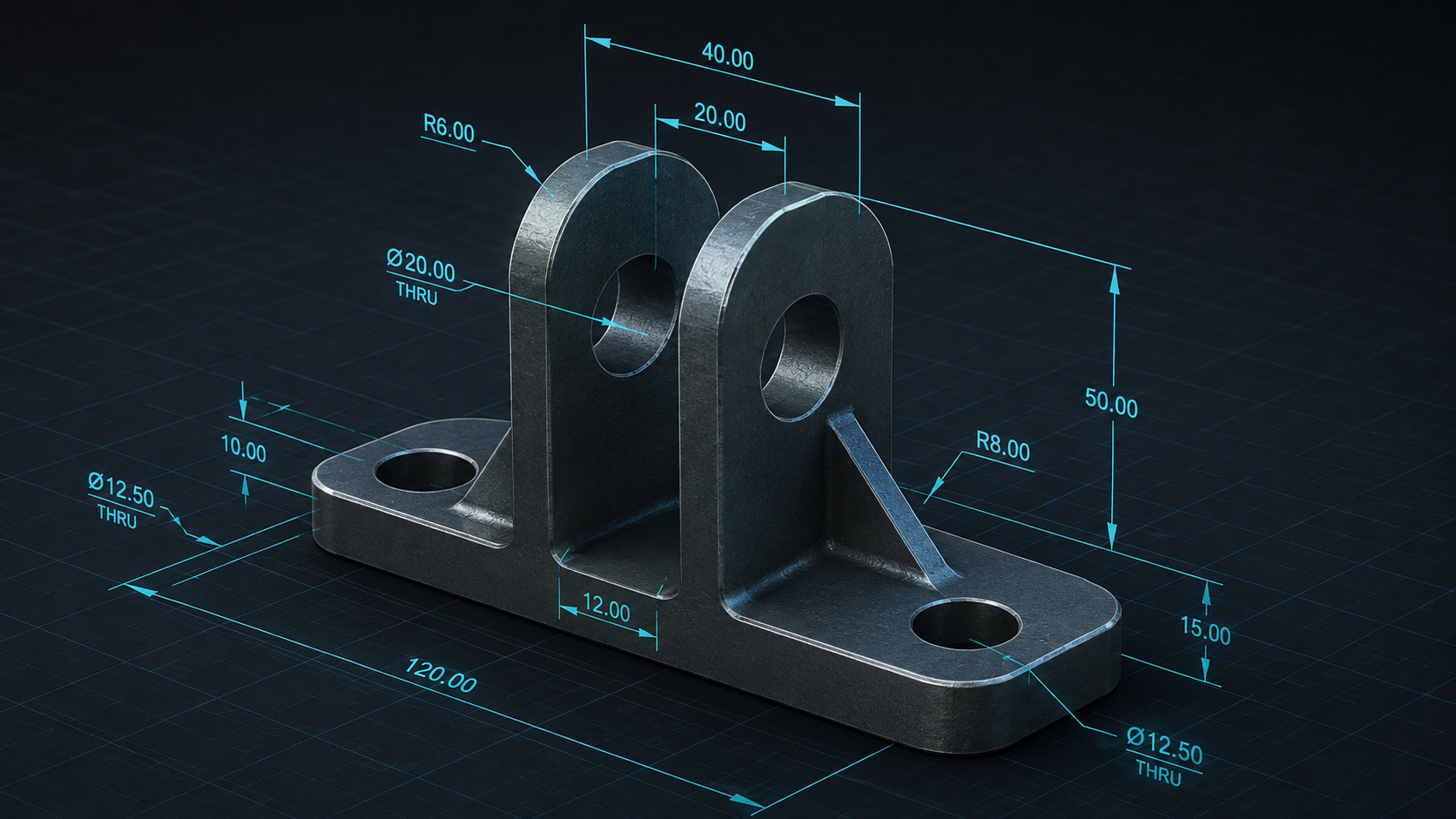Parametric dimension annotations on a CAD bracket model in the Neural4D Coala properties panel