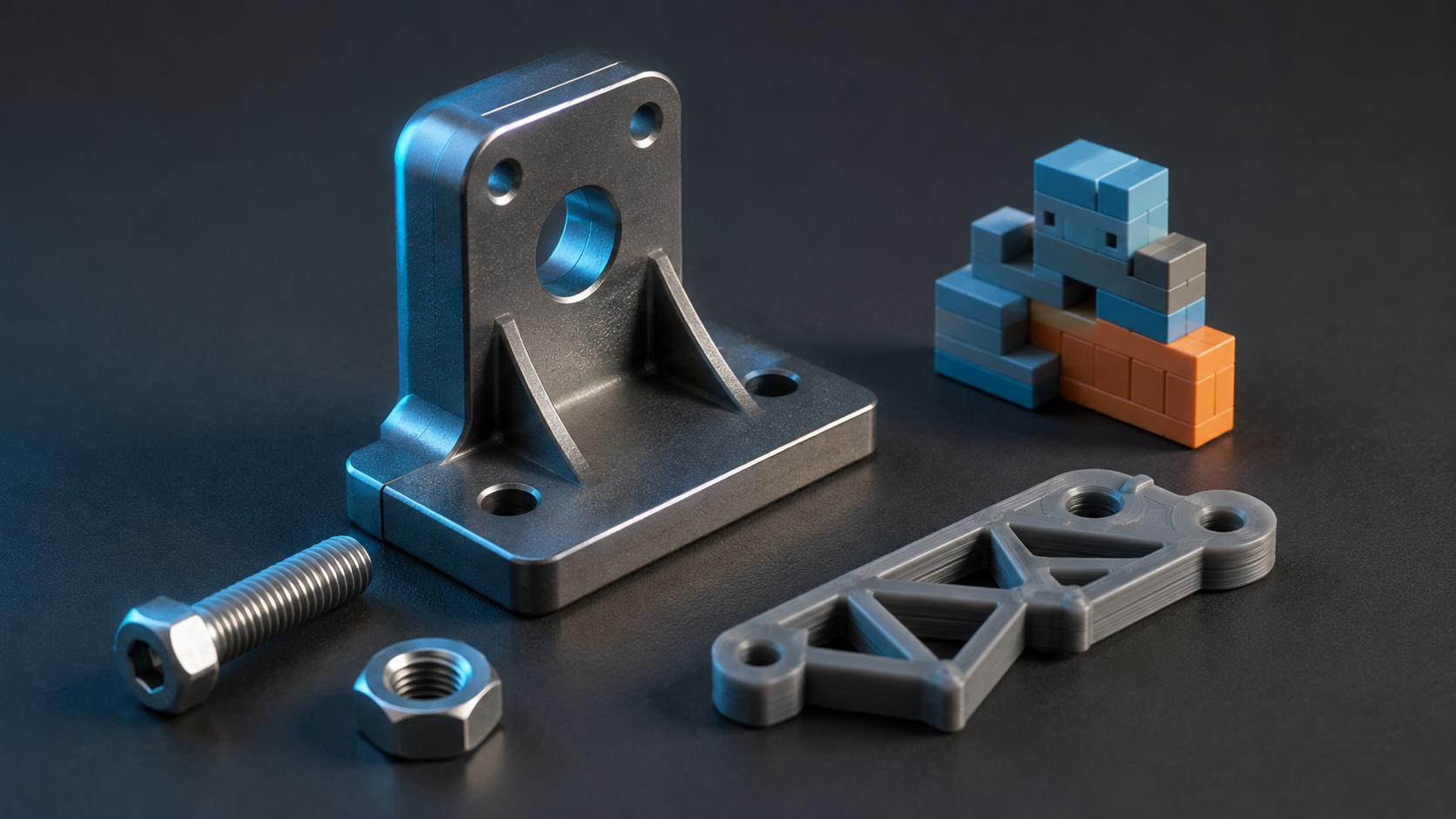 3D printed functional parts including a bracket connector, fasteners, and a pixel-style toy block