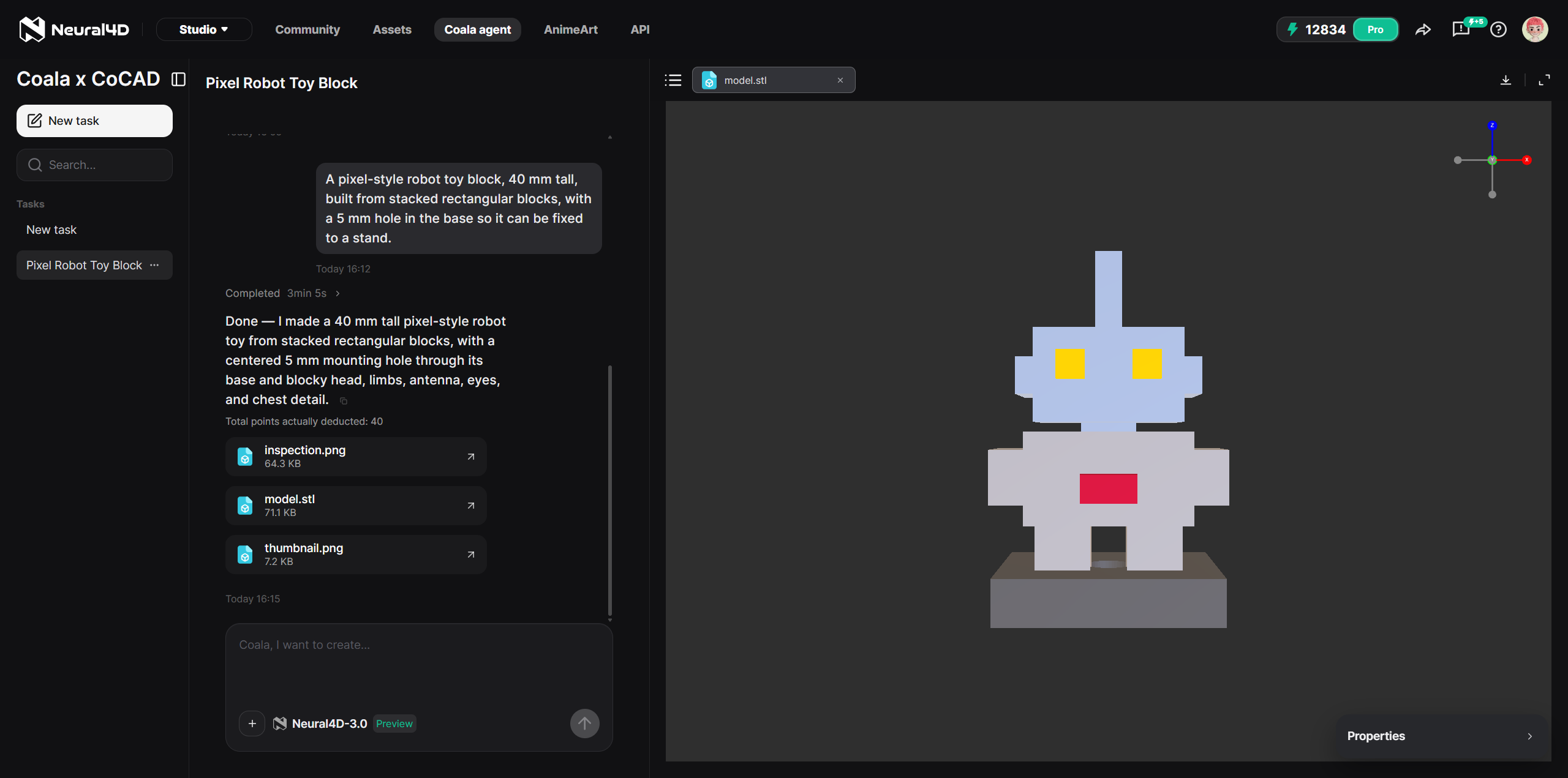Generated CAD part preview in the Coala workspace