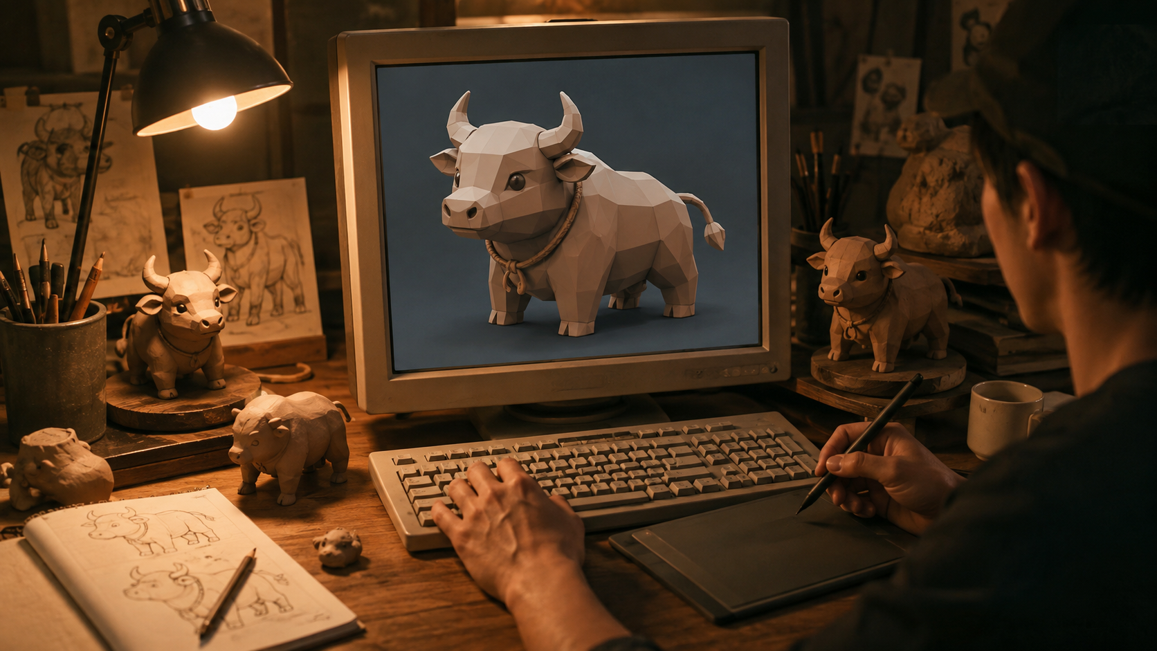 An artist hand-sculpting a stylized ox-shaped 3D model on an older computer monitor in a warm, dim workshop, with clay reference maquettes on the desk