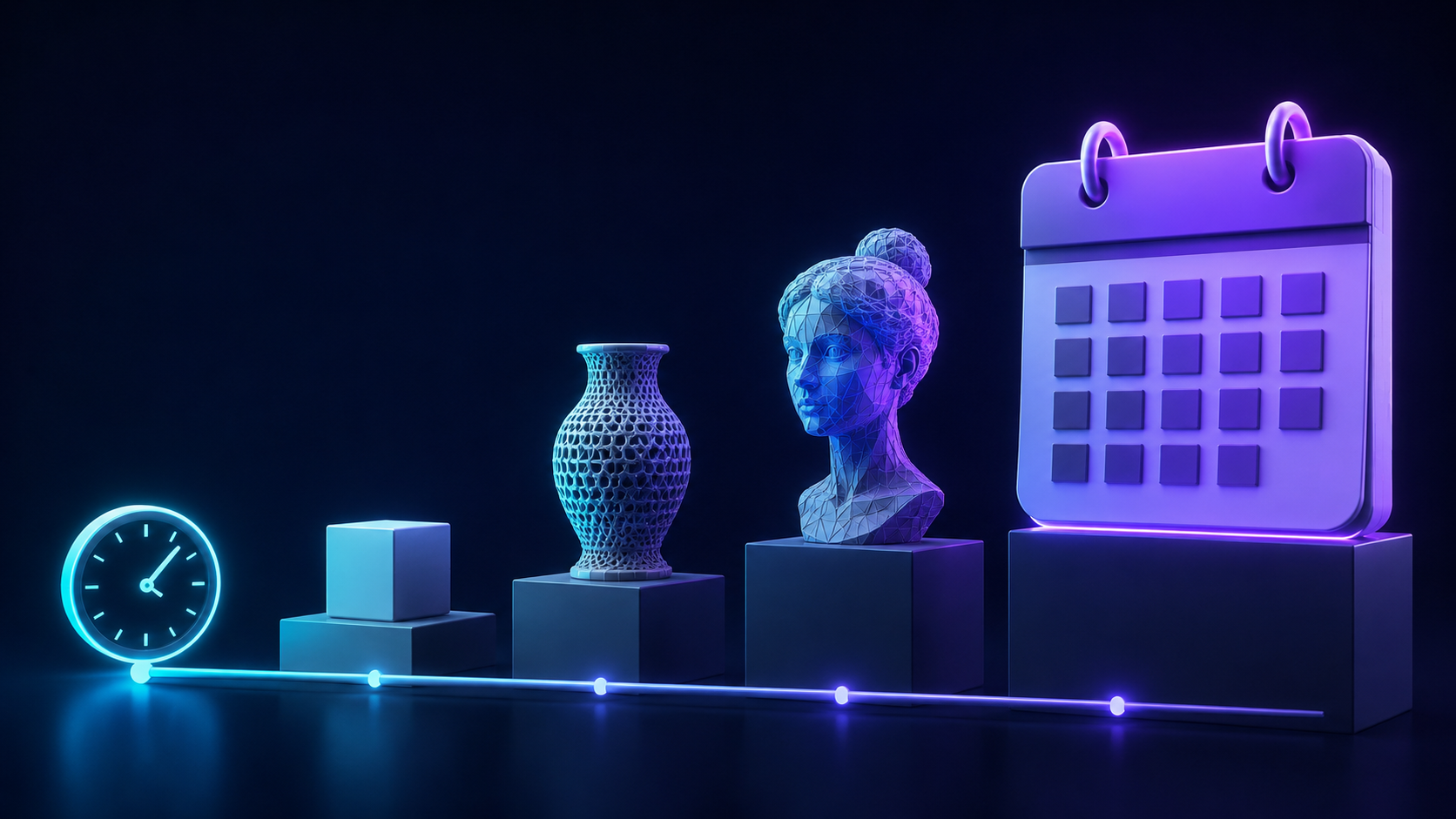 An abstract 3D timeline running from a small clock on the left to a large calendar and stacked model blocks on the right, showing how modeling time grows with complexity, clean futuristic tech visualization