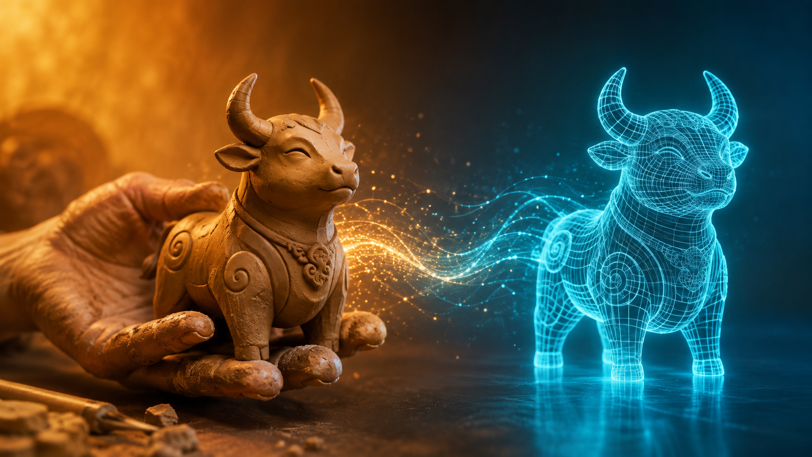 A pair of sculpting hands on the left flowing into a clean glowing AI wireframe mesh on the right, symbolizing handmade craft and AI 3D generation working together, no text, no logos