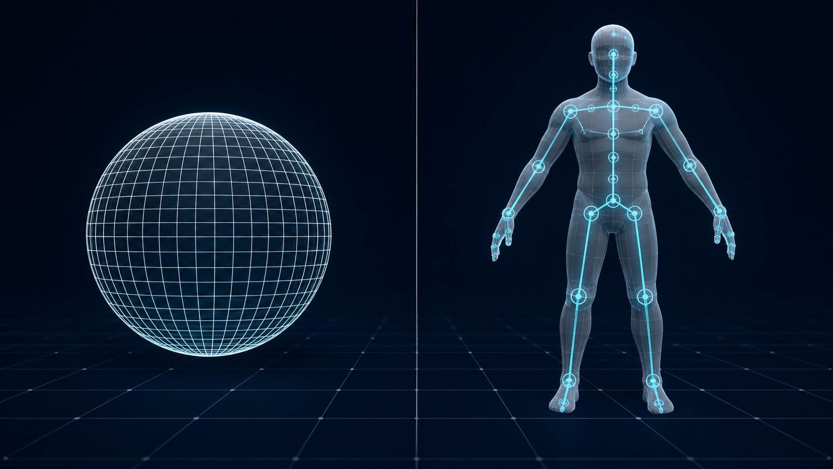 Side by side abstract 3D comparison of a clean wireframe sphere representing OBJ static geometry and a character mesh with a visible skeletal rig representing FBX animation data