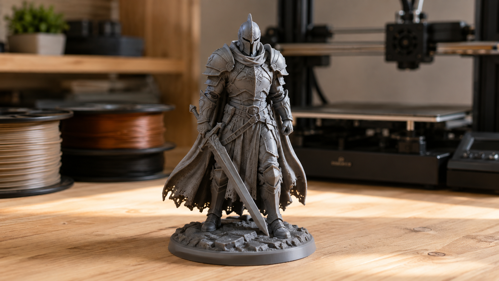 A finished 3D printed figurine standing on a bright workshop desk with warm lighting and filament spools blurred in the background