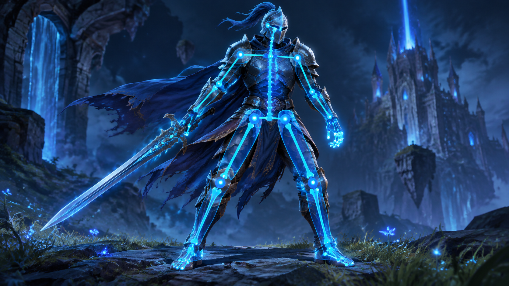 A stylized rigged game character with a translucent blue skeleton overlay standing in a stylized game environment