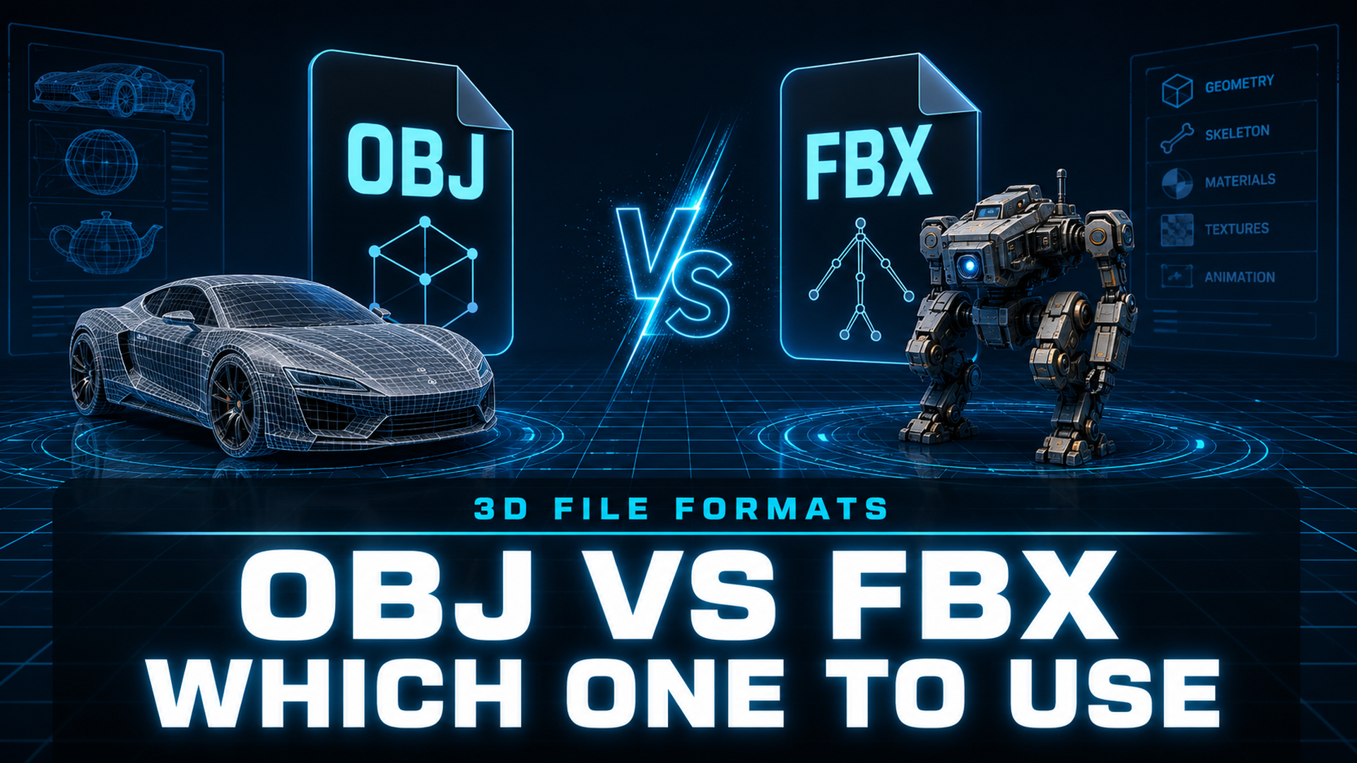 Magazine cover style image showing OBJ vs FBX 3D file format comparison with cyan title text on a dark navy background