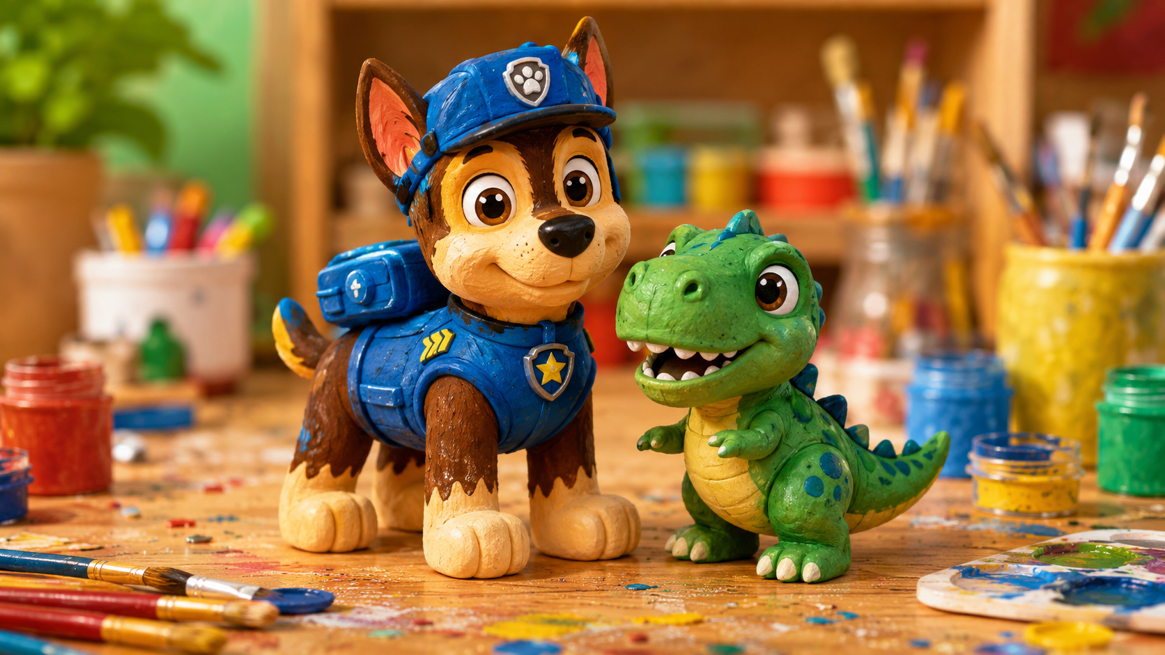 A colorful tabletop scene of homemade cartoon rescue pup dinosaur toys, hand painted in bright colors, with no brand logos visible