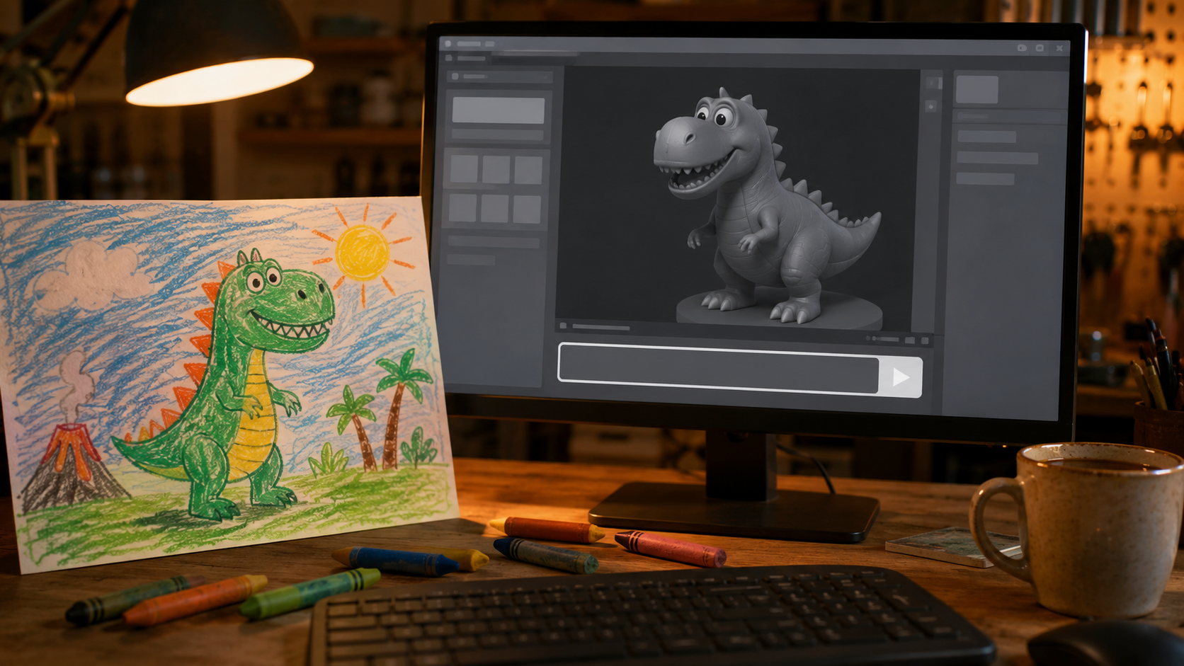 A child's crayon dinosaur drawing sitting next to a monitor that shows a text prompt input for a 3D generator, warm workshop lighting