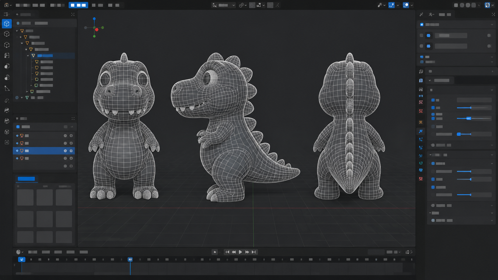 A clean 3D viewport showing a cartoon dinosaur figurine mesh from three angles, technical UI with no fake logos
