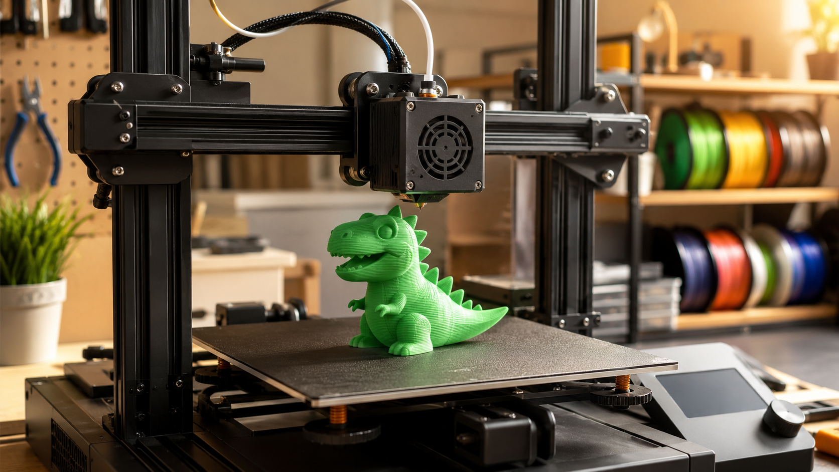 An FDM 3D printer mid-print with a small cartoon dinosaur figurine on the build bed, bright hobbyist workshop