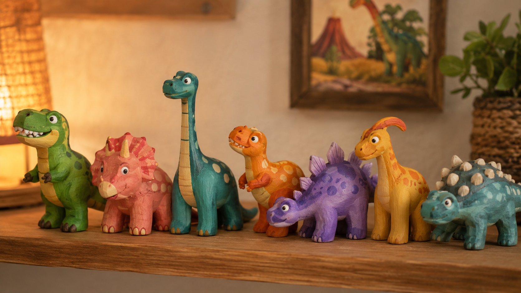 Hand painted cartoon dinosaur figurines lined up on a shelf in various colors, homemade toy style