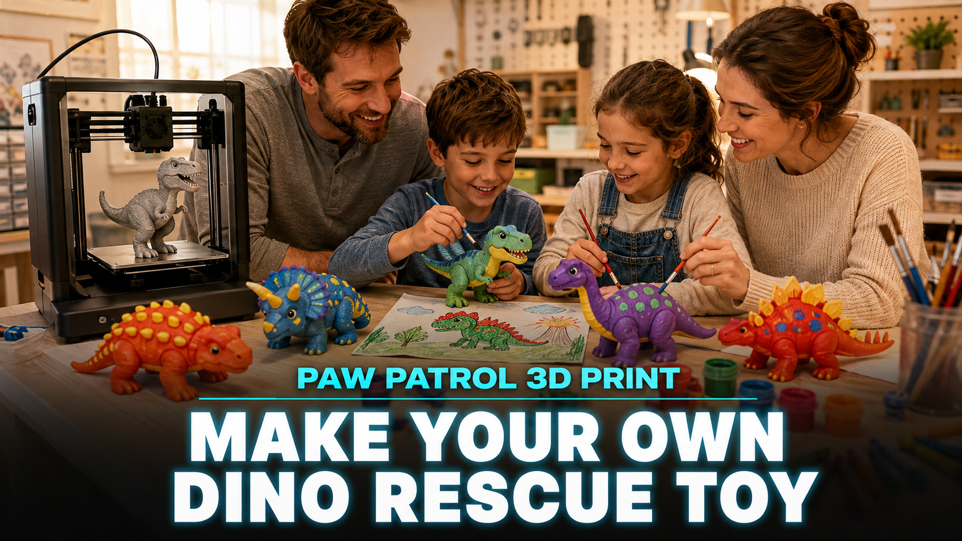 PAW Patrol 3D print hero image showing homemade cartoon dino toys on a workshop table with a 3D printer