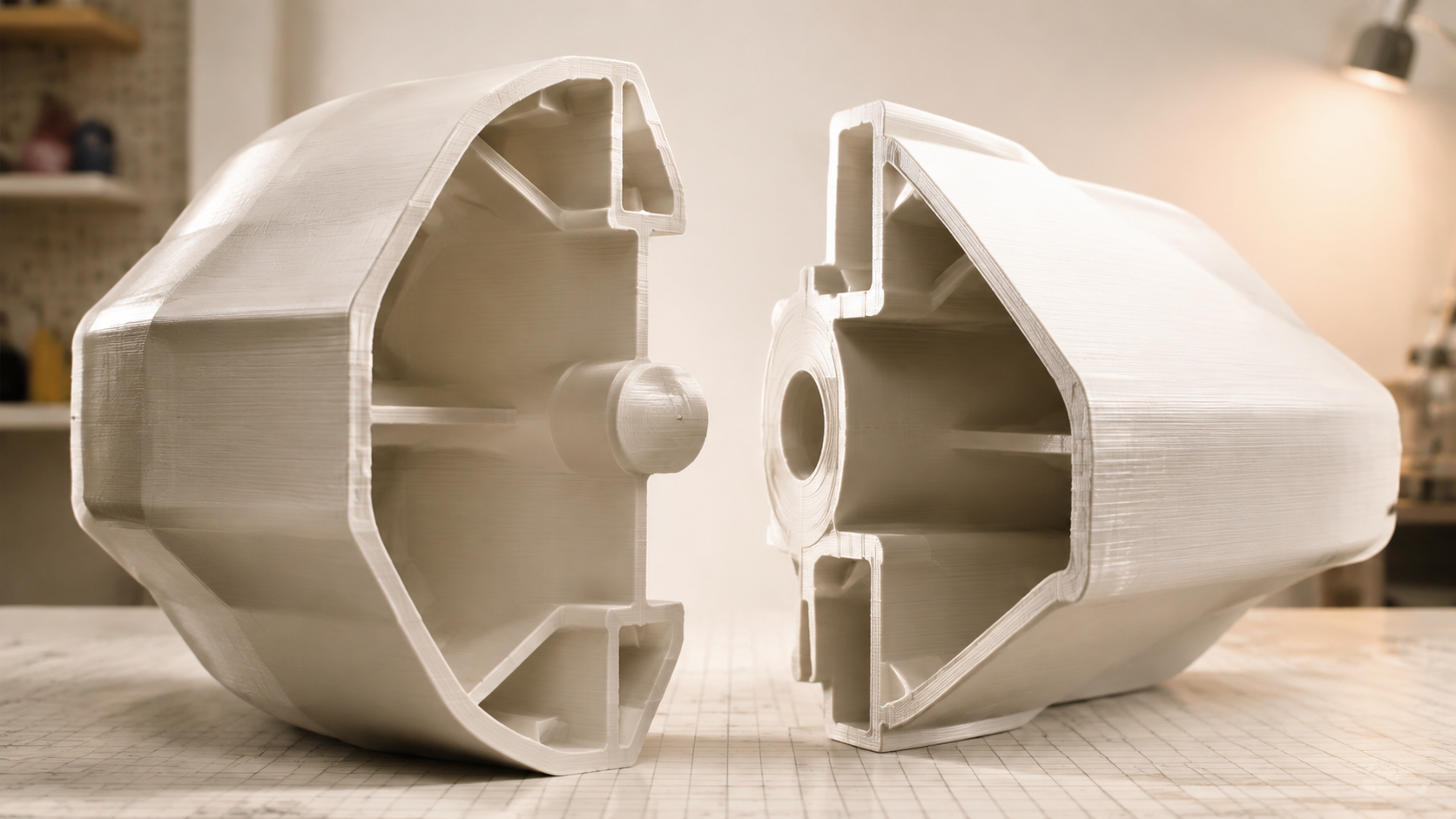 Large 3D print model split into two halves that rejoin with a cylindrical connector