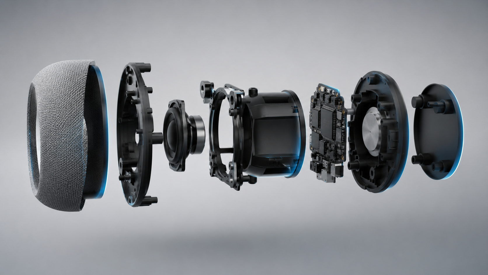 Exploded view of a 3D model separated into its component parts floating apart