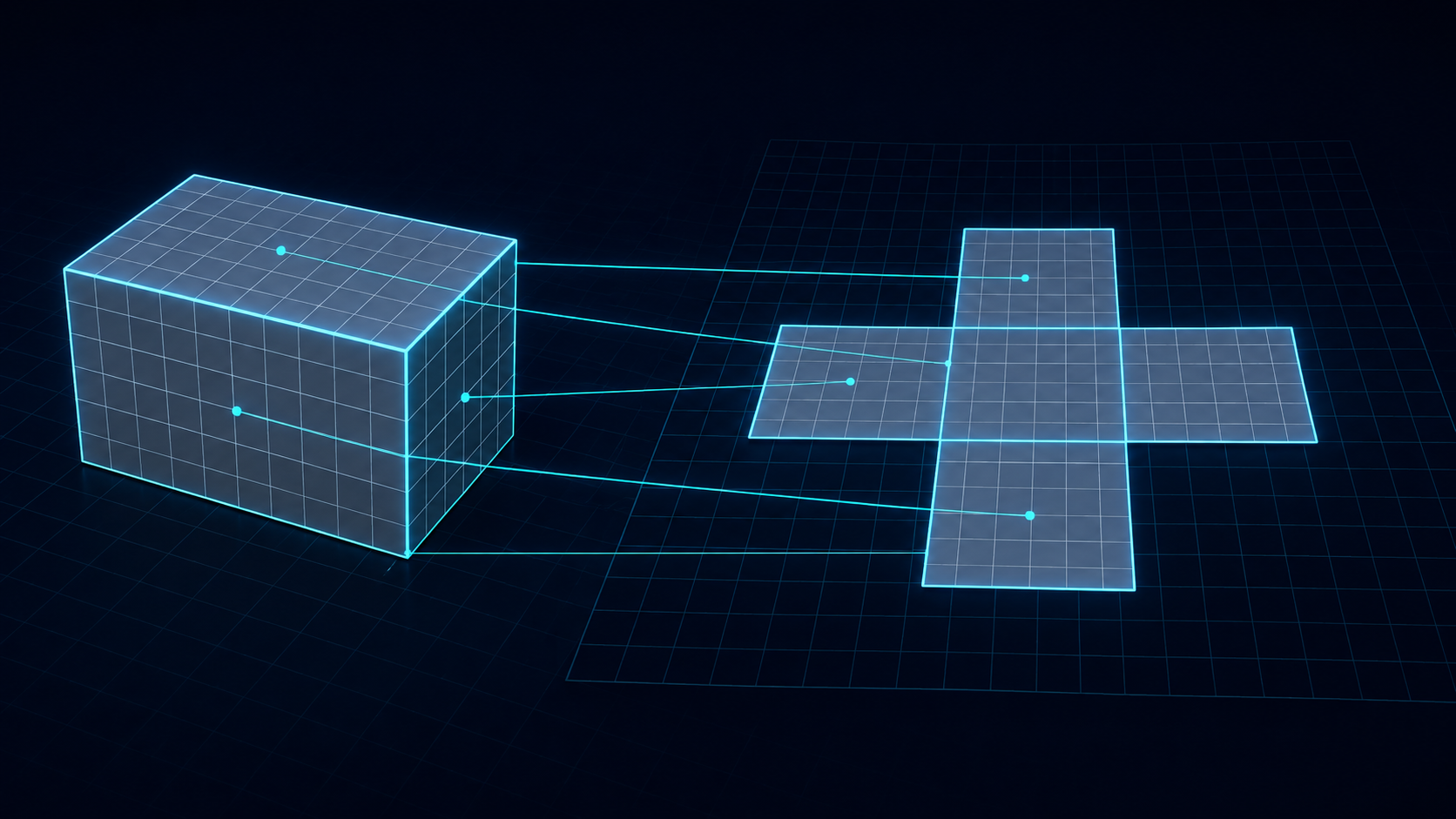 3D box mesh unfolding into a flat 2D UV map layout