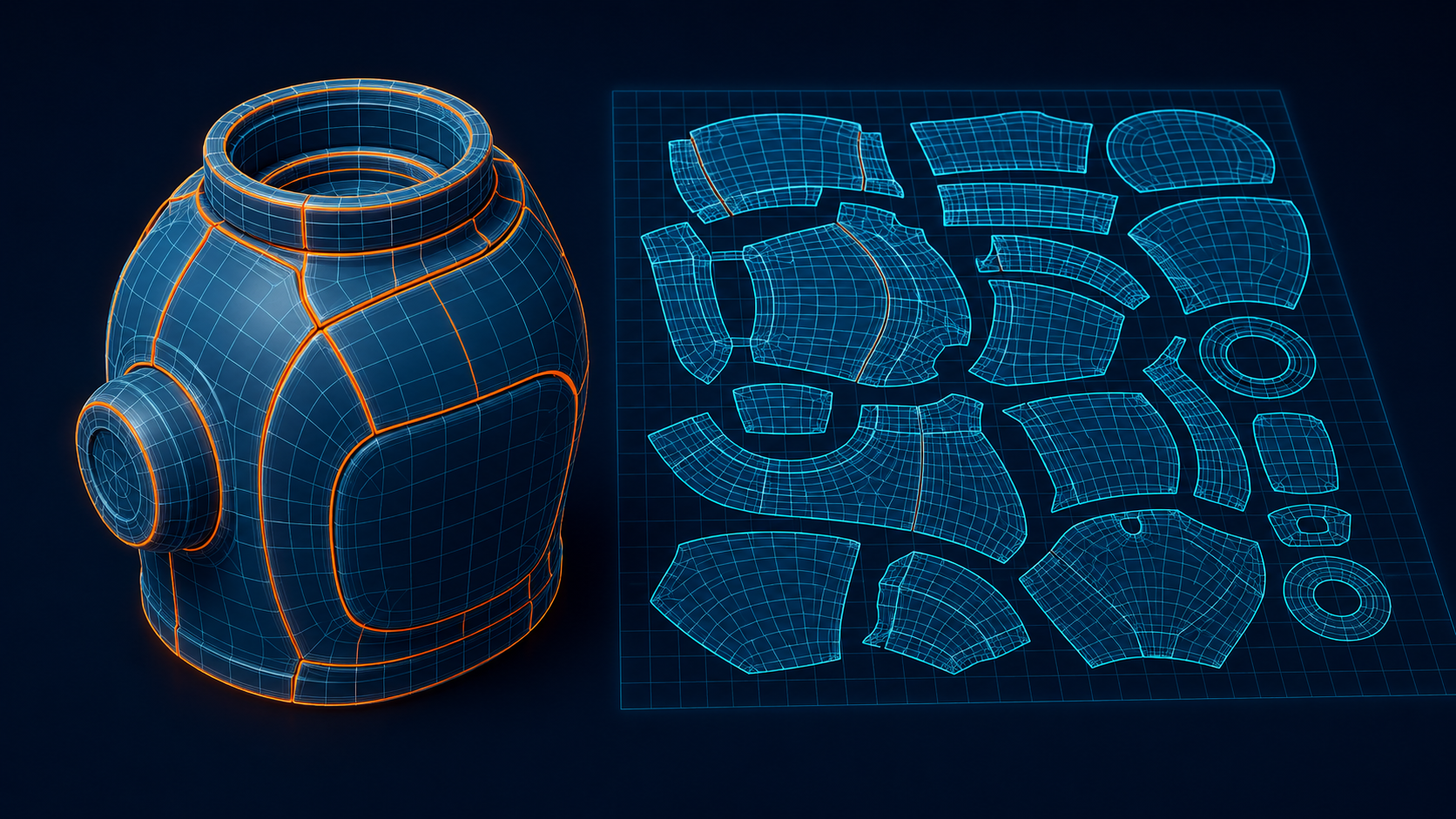 UV islands packed inside UV space with seam lines visible on the 3D mesh