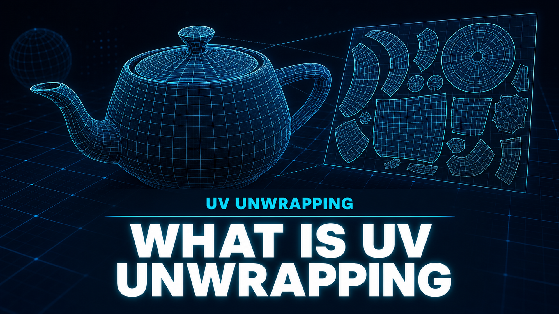 What is UV unwrapping hero image showing a 3D wireframe model