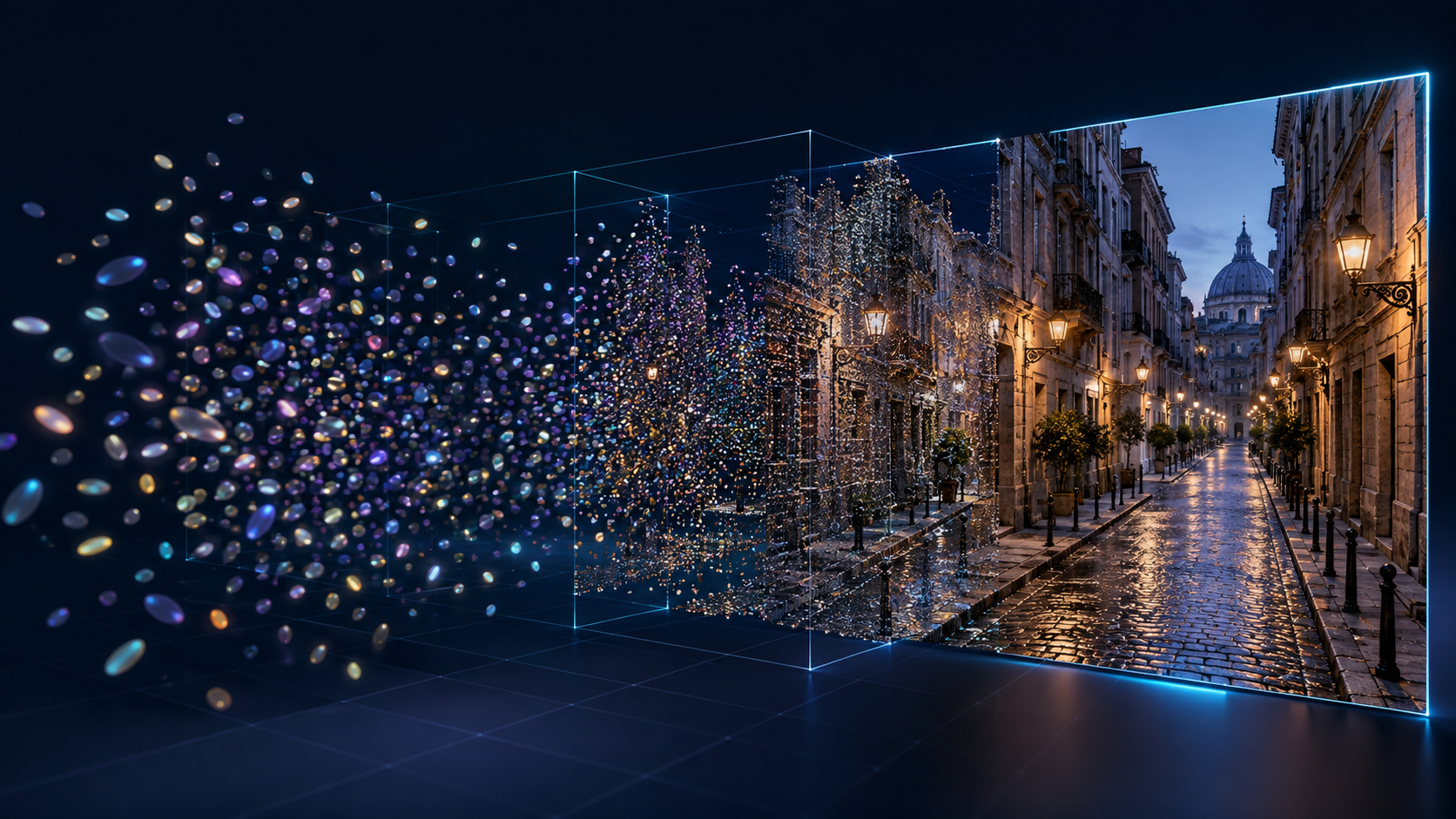 Millions of colored Gaussian ellipsoids assembling into a photoreal 3D scene