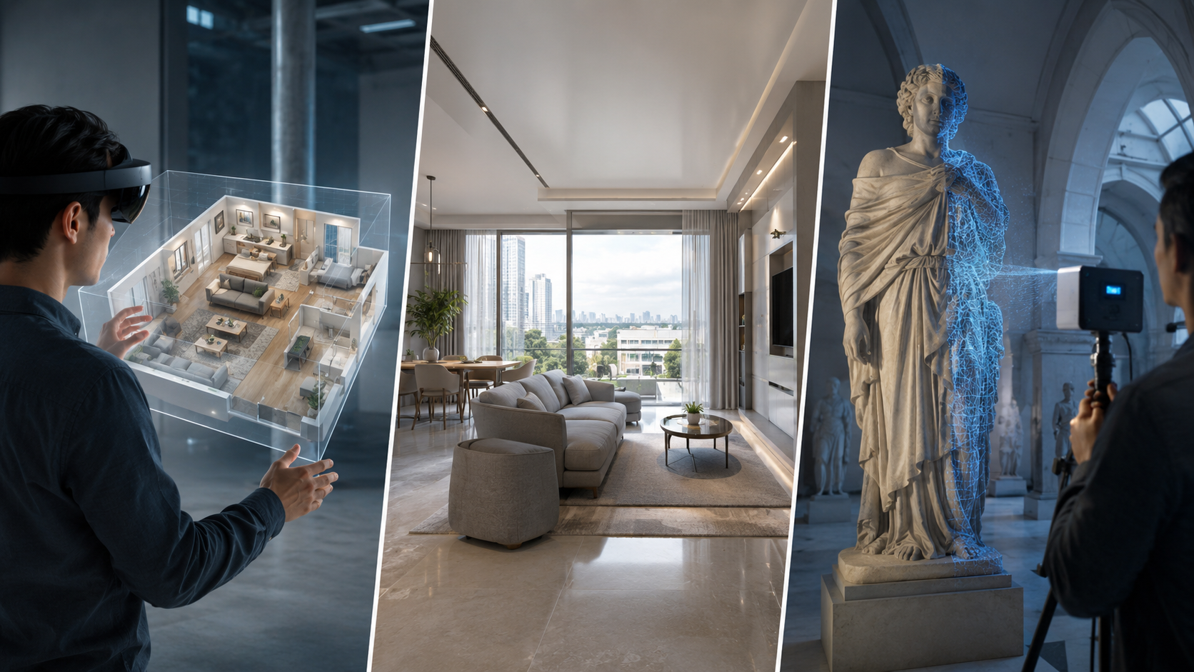 Photoreal scene reconstruction applied to an AR headset view, a real estate interior, and a museum heritage statue