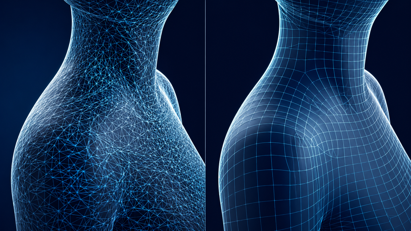 Side by side comparison of a messy triangulated 3D mesh and a clean quad based retopologized mesh