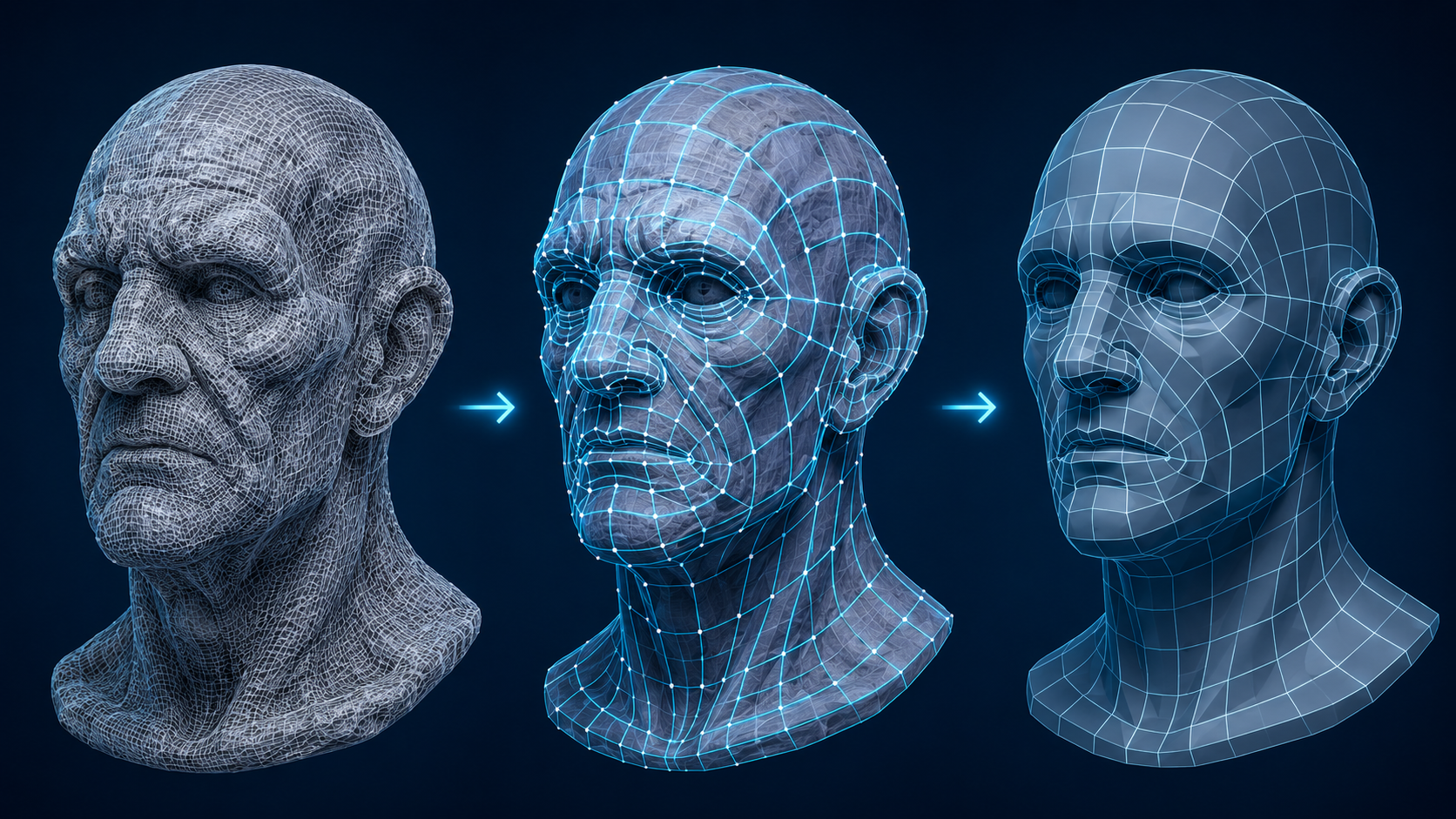 Abstract diagram of the retopology workflow from a high poly scan to a topology pass to a clean low poly output