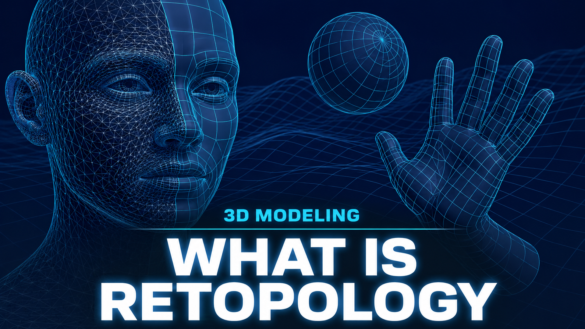 What is retopology in 3D modeling: clean wireframe mesh with organized topology flow