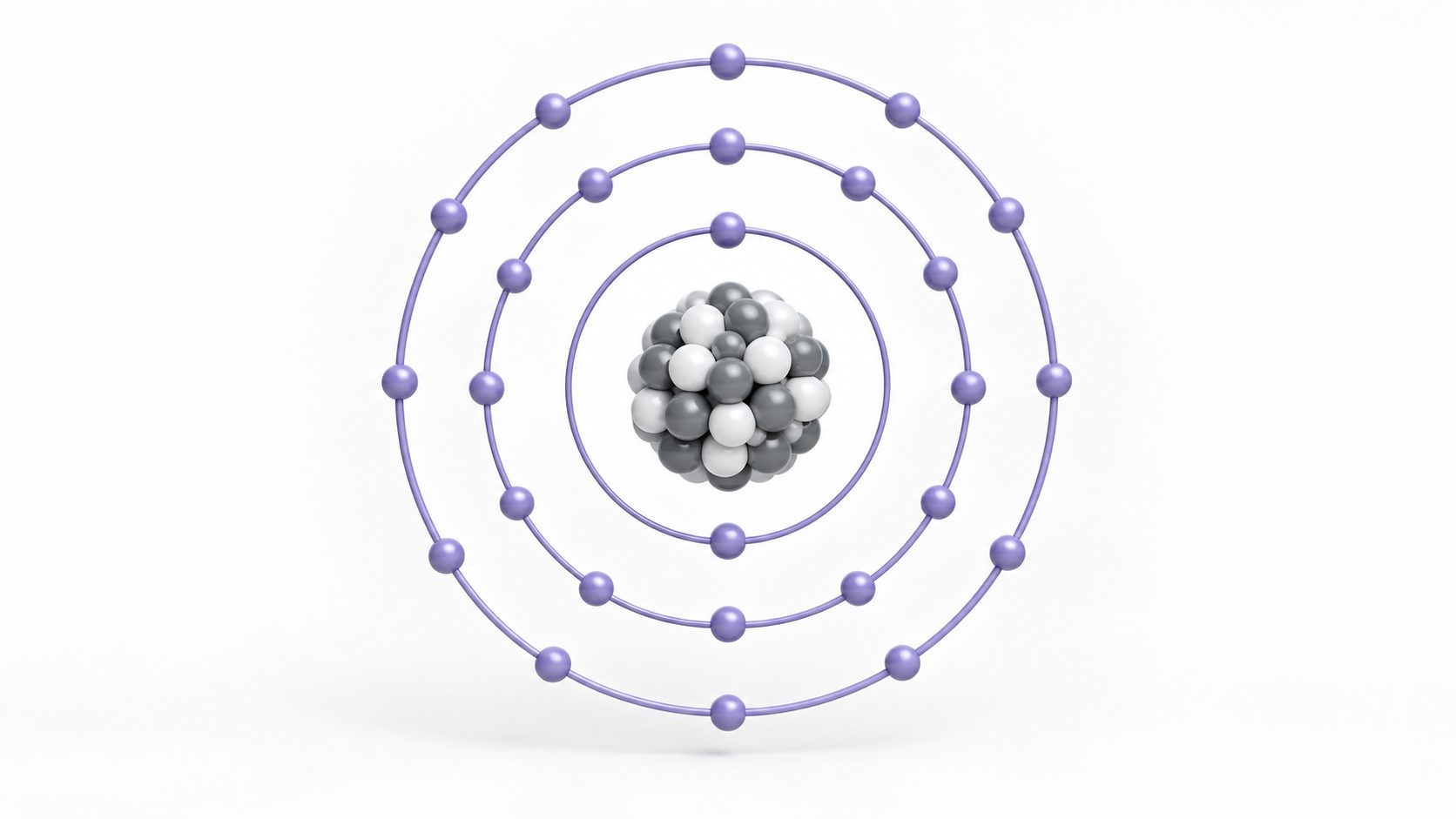 3D atom model with a dense nucleus of protons and neutrons surrounded by three concentric electron shells carrying small electron spheres