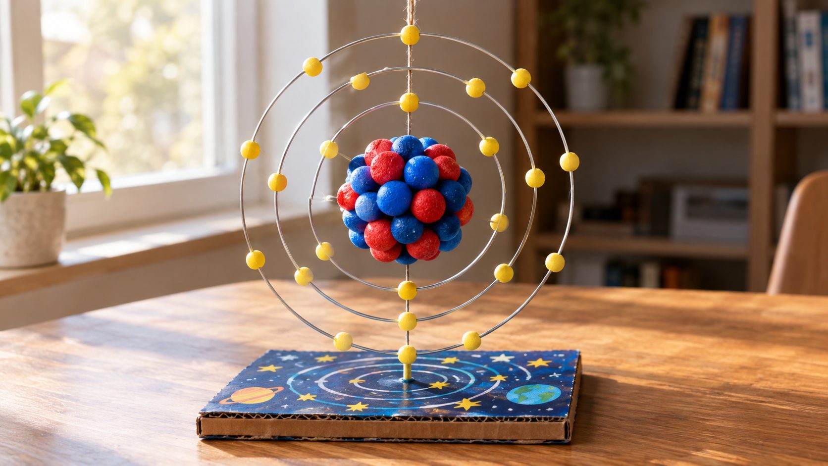 Finished craft ball and wire 3D atom model with a compact nucleus and four graduated wire rings carrying electrons, mounted on a decorated base