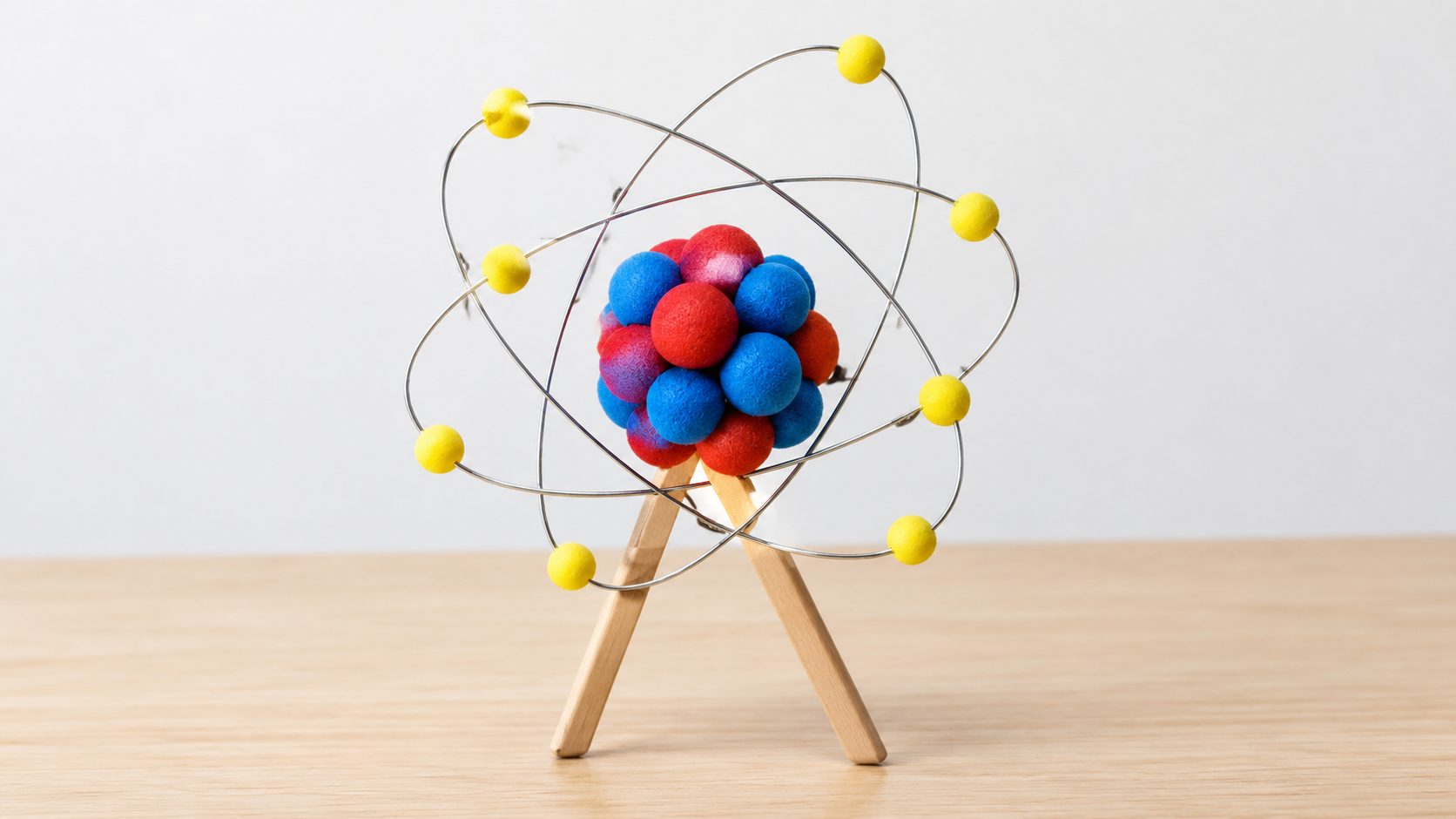 Free-standing foam ball 3D atom model supported by two craft stick legs under the nucleus, with electron shells around it