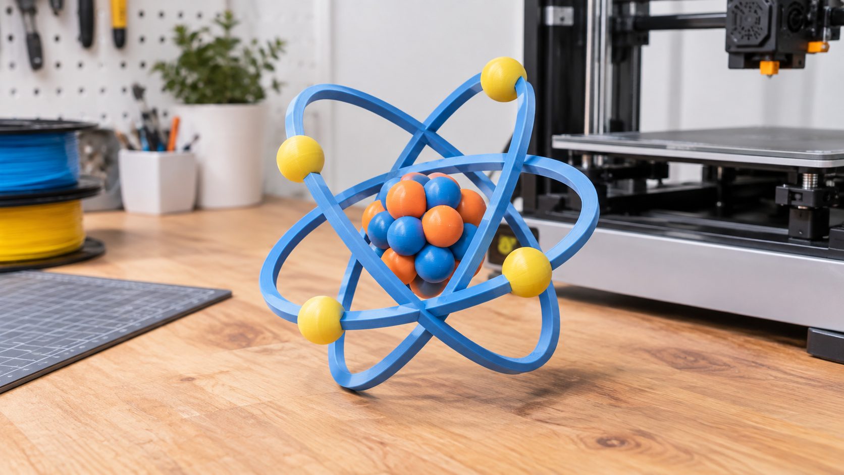 Multi-color 3D printed 3D atom model on a maker workshop desk with blue orbital rings, yellow electron spheres, and an alternating nucleus, with a 3D printer in the background