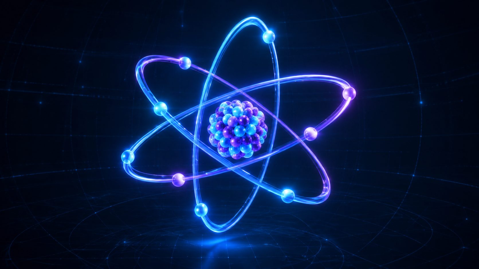 Digital 3D atom model render generated from a text prompt, showing a sphere cluster nucleus and concentric electron rings in a clean technical style