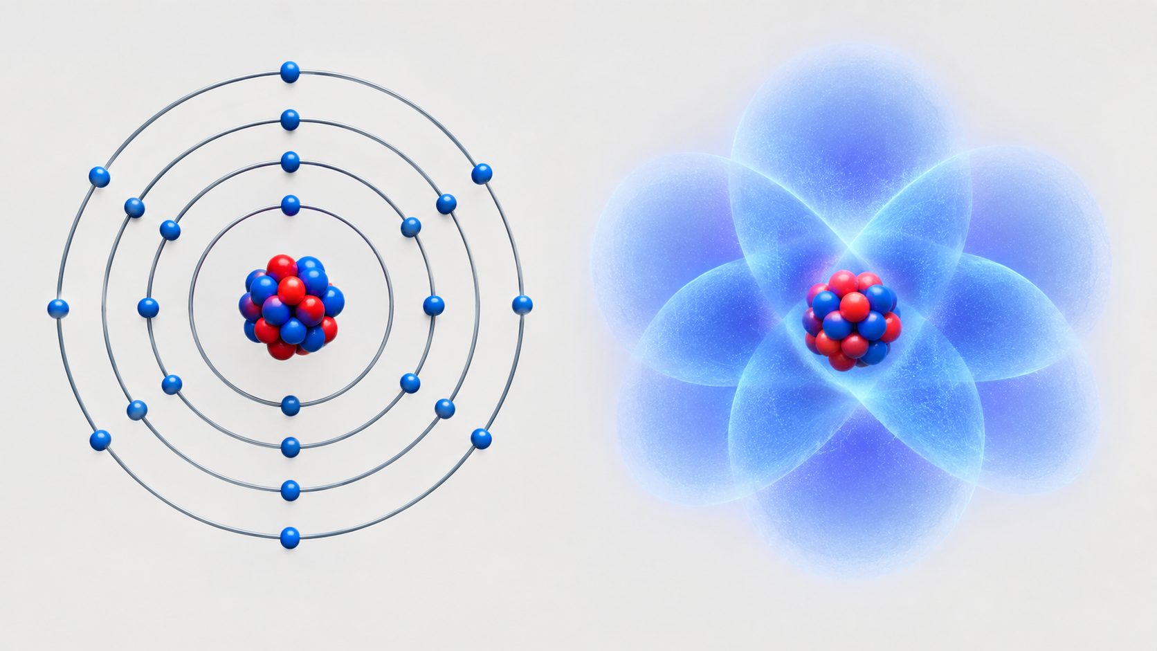 Side by side comparison of a Bohr style 3D atom model with discrete electron rings and an electron cloud model showing probability density around the nucleus