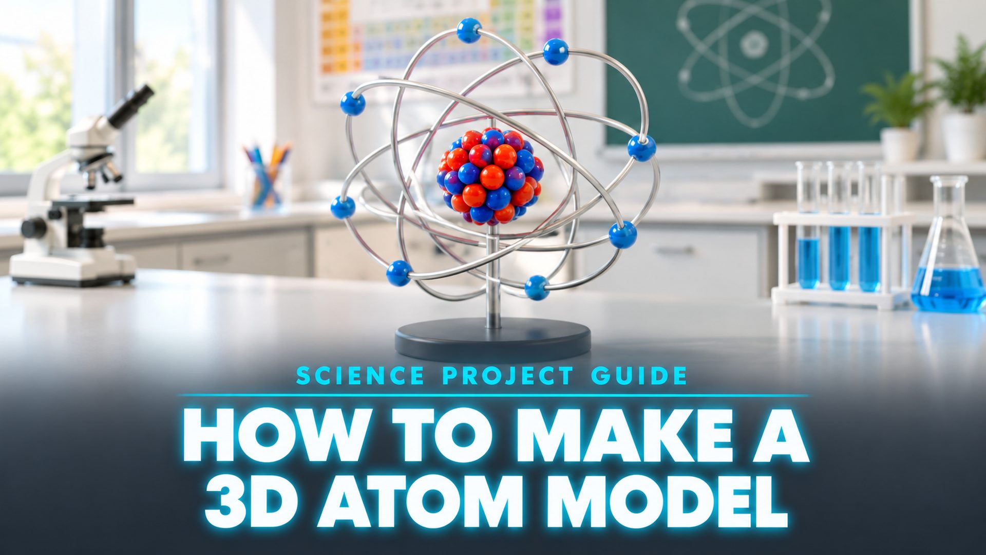 3D atom model on a classroom science bench with a nucleus of protons and neutrons and concentric electron shells