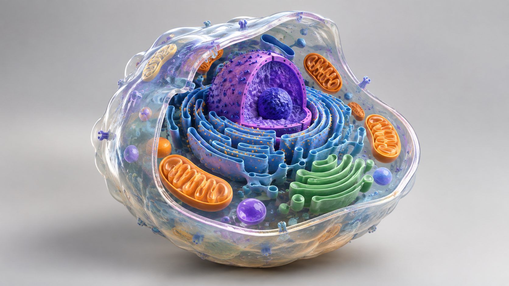 A 3D cell model rendered in cutaway view, showing the nucleus, mitochondria, and endoplasmic reticulum in distinct material tones