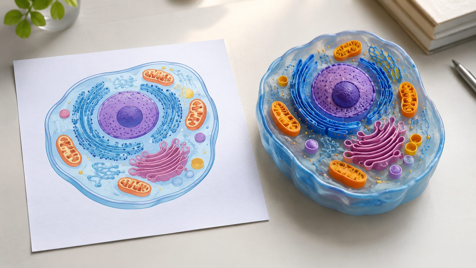 A flat two-dimensional cell diagram on paper beside the 3D cell model mesh reconstructed from it