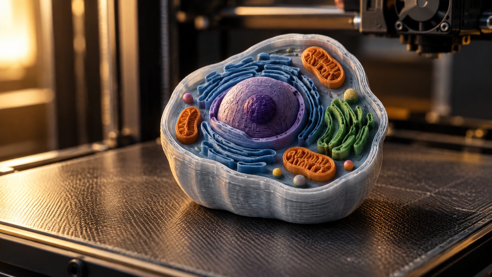 A 3D printed cell model resting on a printer bed with visible layer lines