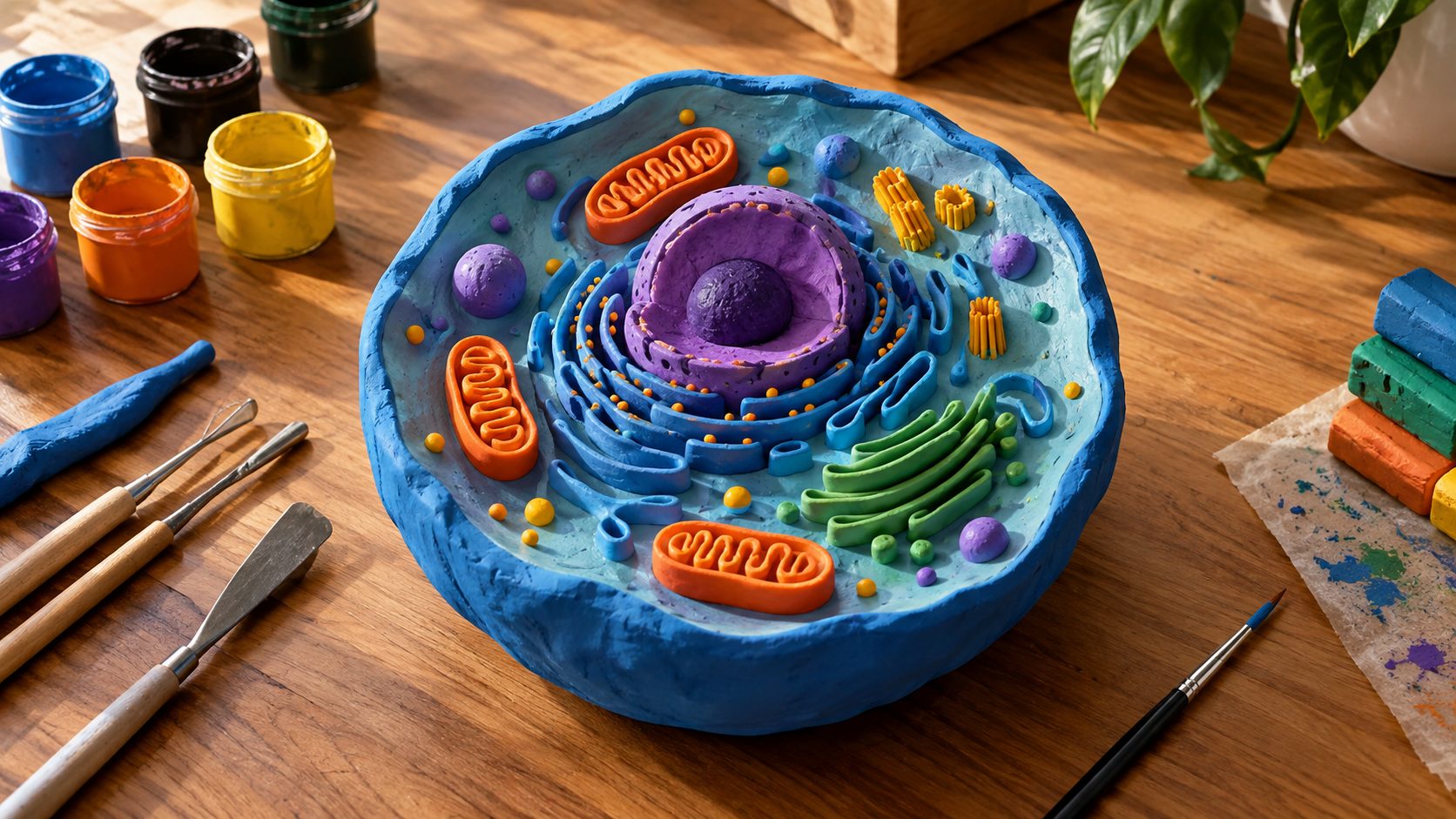A handmade physical cell model on a desk surrounded by craft tools and paint