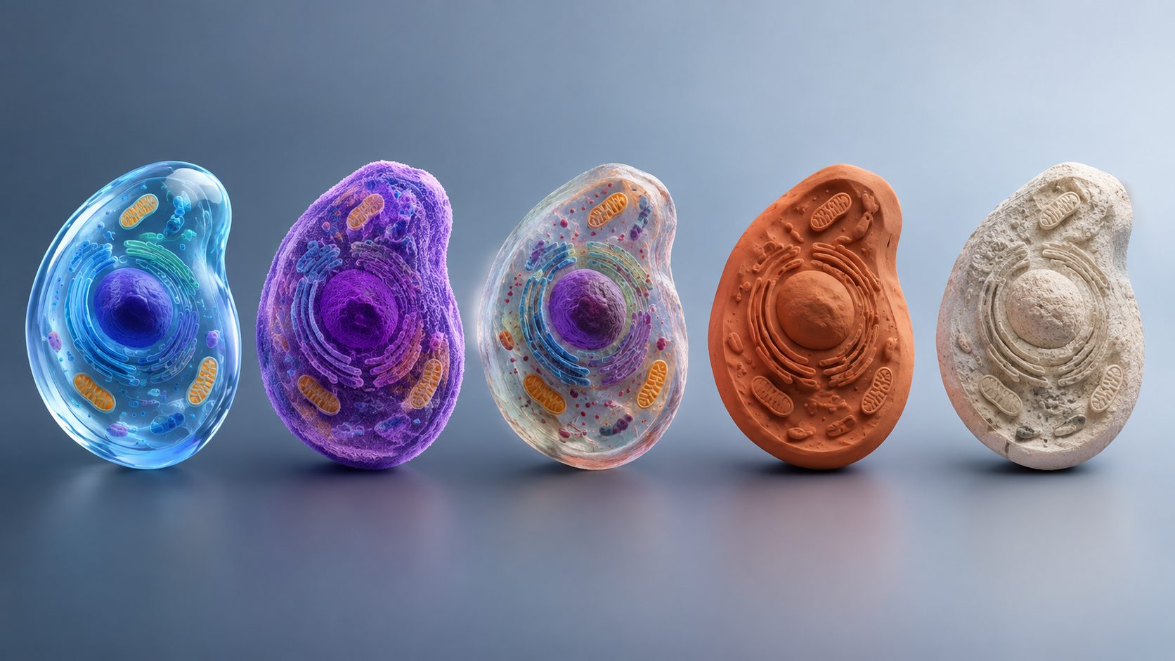 Five abstract three-dimensional cell forms side by side representing digital, printed, and handmade production routes